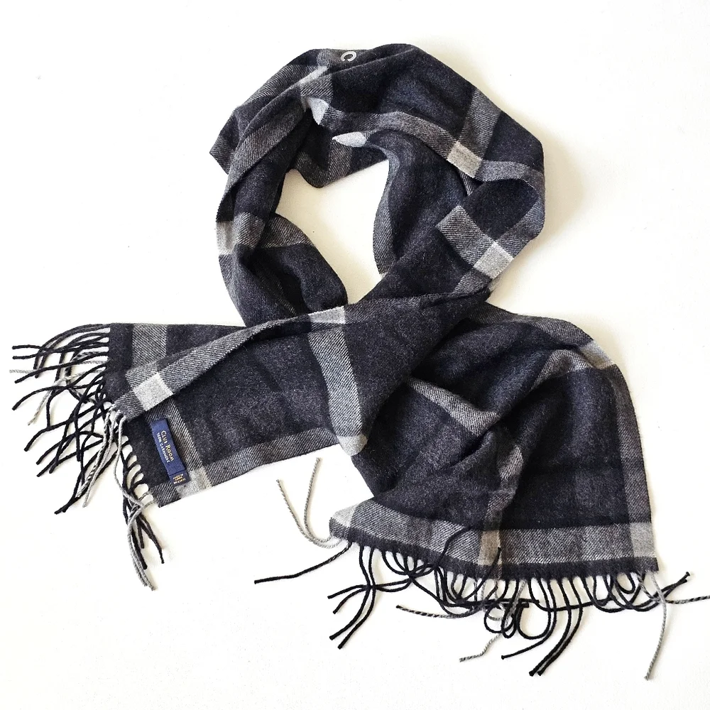 Club Room Men's Plaid Fringe Scarf in Charcoal and Light Gray